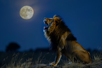 Wall Mural - scary lion, lion howling in front of full moon, lion at night, lion during full moon, panorama, kawaii, 3d rendering