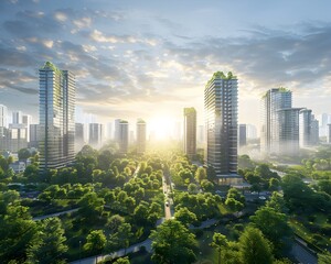 Poster - vibrant modern city skyline with lush green spaces and gleaming high rise buildings at sunset