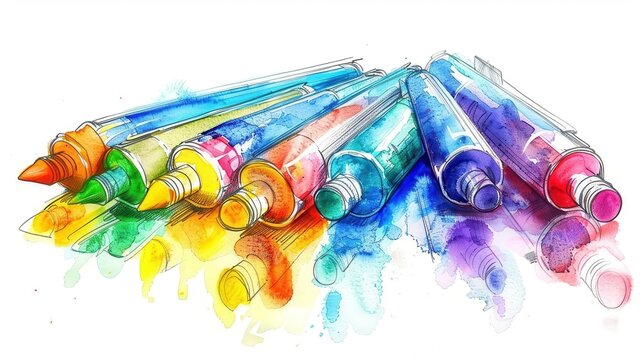 ink cartridgethemed stationary element, watercolor illustration, vibrant and detailed, childrens worksheet design, isolated on white background