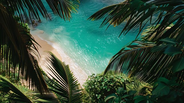 Photo realistic tropical beach with turquoise water seen through lush green palm trees
