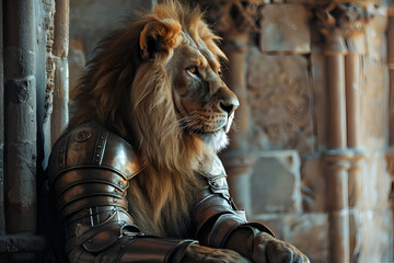 Wall Mural - majestic lion in a medieval castle wearing handmade armor, lion, majestic, terrifying, panorama, 3d rendering