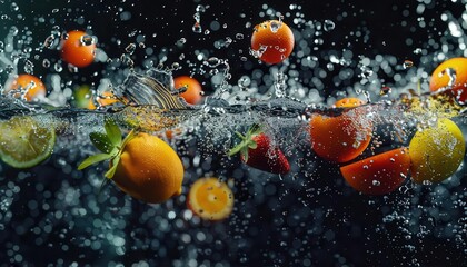 Poster - fruits splashing deep into water on a dark background generative ai artwork closeup digital illustration