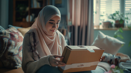 Wall Mural - Happy Hijabi Woman Opening a Package, Showcasing the Momentary Excitement of Delivery