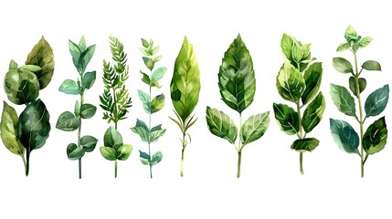 Sticker - Watercolor Herb Leaf Collection on White Background for Natural  Botanical  and Culinary Design