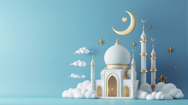 3D style illustration of an islamic mosque and a crescent moon