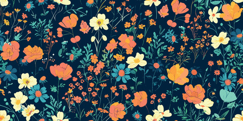 Wall Mural - Seamless floral pattern with colorful flowers on dark navy background. Abstract trendy spring, summer print dress pattern. Beautiful multicolored floral motif. Hand drawn wildflowers flat illustration