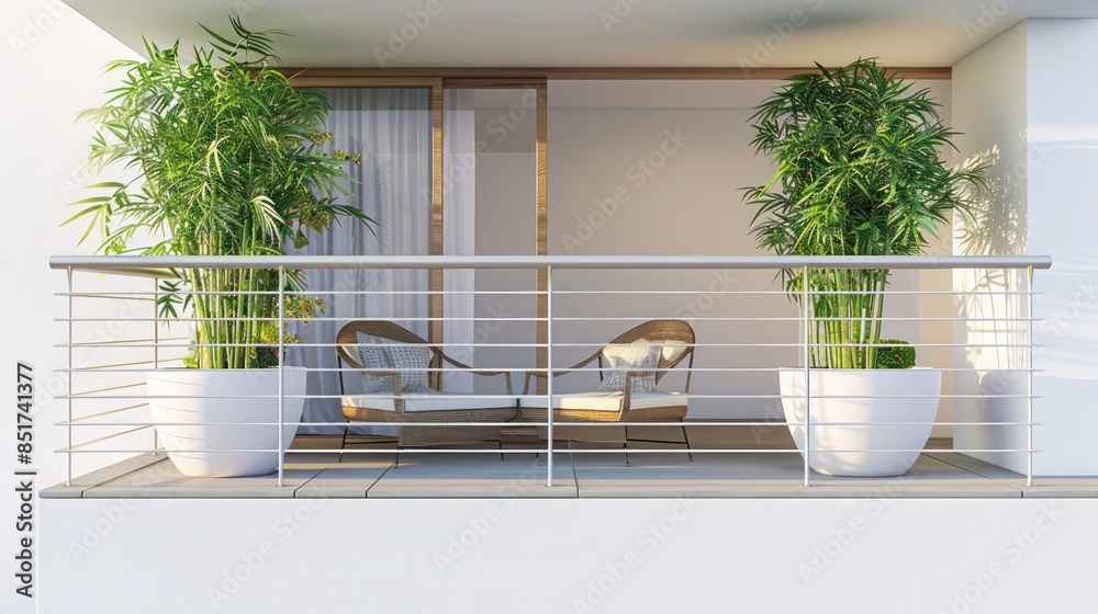 minimalist balcony setup with a slimline railing, a pair of streamlined ...