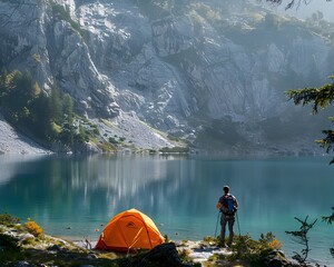 Poster - Backpacker Setting Up Tent at Scenic Lakeside Campsite in Majestic Mountain Landscape