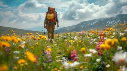 Canvas Print - Backpacker Hiking Through Vibrant Wildflower Meadow Under Serene Sky Landscape