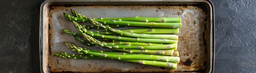 Canvas Print - A bunch of fresh green asparagus on a metal tray