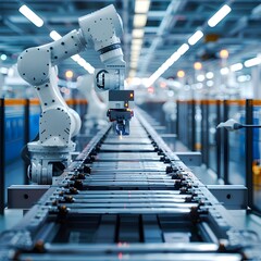 Poster - Rows of Industrial Robots in a Modern Manufacturing Plant Showcasing Automation and Technological Advancements