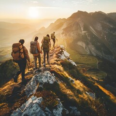 Poster - Friends Hiking Along a Breathtaking Mountain Ridge with Stunning Vistas