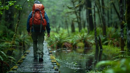 Canvas Print - Hiker walking along a wooden boardwalk through lush green wetland area with abundant foliage in natural setting