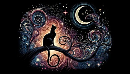 Wall Mural - A black cat perched on a tree branch with a crescent moon and swirling stars in the background.