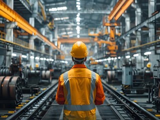 Poster - worker operating heavy machinery in bustling manufacturing plant with industry concept