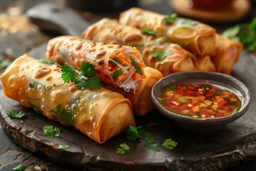 Wall Mural - Deliciously fried spring rolls filled with a mixture of vegetables and glass noodles