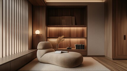 Minimalist living room with modern furniture featuring a cozy lounge chair, wooden bookshelf, and warm ambient lighting.