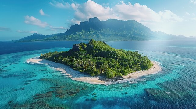 Aerial view of lush tropical island with mountainous backdrop and clear blue waters