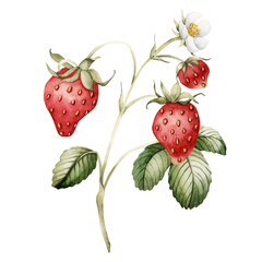 Strawberry with flowers and leaves, watercolor isolated illustration for table textile, tableware and food packages