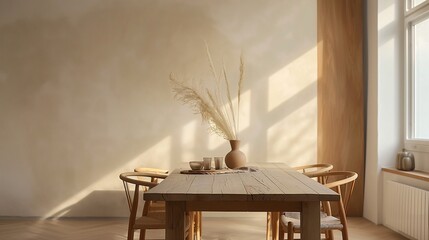 Minimalistic dining area with wooden table and chairs bathed in natural sunlight, featuring a rustic vase with dried pampas grass on the table.