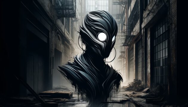 A dark figure with white eyes standing in a dilapidated urban setting, with the abstract form blending into the decaying environment.