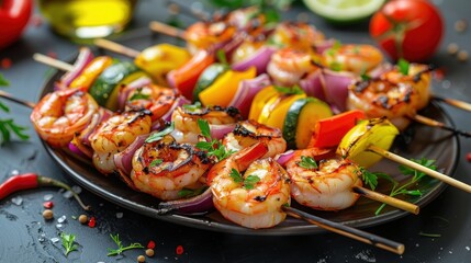 Delicious grilled shrimp skewers with colorful vegetables on a plate, perfect for a summer barbecue or healthy meal concept.