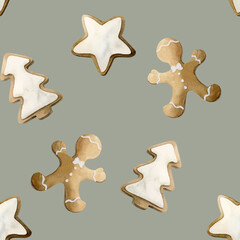 Gingerbread cookies. Watercolor seamless pattern on sage green background for winter holiday design, fabric, packages