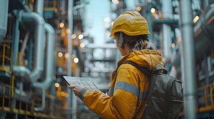 Poster - Worker Using Tablet to Monitor Industrial Processes in Factory Industry Concept