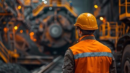 Poster - Industrial Worker in Hard Hat Inspecting Heavy Machinery at Manufacturing Facility