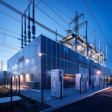 High voltage power lines and electrical substation in an industrial area   industry concept with copy space