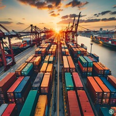 Poster - Cargo Containers Loaded onto Ships in Busy Port at Sunset Industry Concept and Global Trade