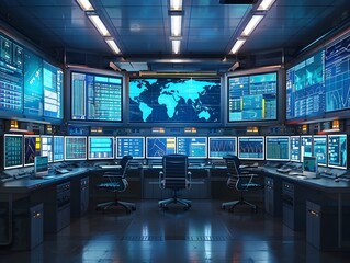 Poster - Industrial Command Center with Multiple Screens and Operators for Advanced Data Analytics and Business Intelligence