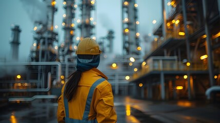 Poster - Worker Monitoring Petrochemical Plant Process in Industrial Cityscape at Night