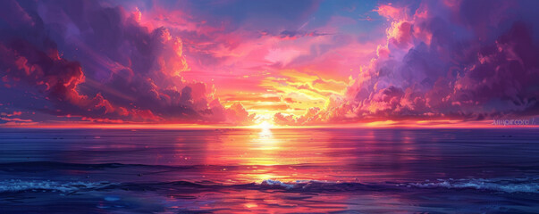 Wall Mural - A tranquil sunset over a calm ocean, the sky ablaze with hues of orange, pink, and purple.