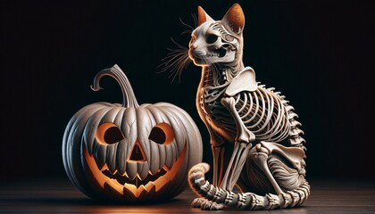 Wall Mural - A highly detailed, close-up image of a skeletal cat sitting next to a carved pumpkin, with its skeletal structure fully visible.