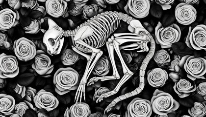 Wall Mural - A highly detailed, close-up image of a skeletal cat surrounded by blooming roses, with its skeletal structure fully visible.