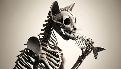 Wall Mural - A highly detailed, close-up image of a skeletal cat holding a fishbone in its mouth, with its skeletal structure fully visible.
