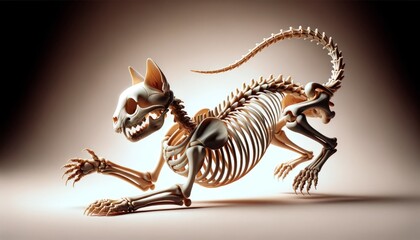 Wall Mural - A highly detailed, close-up image of a skeletal cat in a playful pouncing position, with its skeletal structure fully visible.