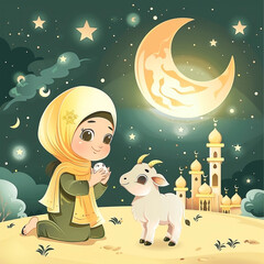 Wall Mural - Girl holding a goat for sacrifice. Celebrating Eid al Adha with moon, stars and mosque as background