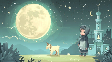 Girl holding a goat for sacrifice. Celebrating Eid al Adha with moon, stars and mosque as background