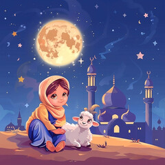 Wall Mural - Girl holding a goat for sacrifice. Celebrating Eid al Adha with moon, stars and mosque as background