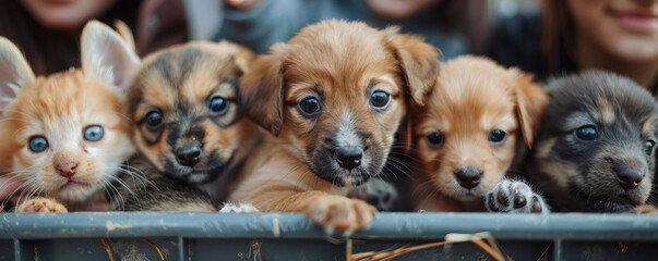 Sticker - A group of coworkers volunteering at a local animal shelter, playing with puppies and kittens to help socialize them.