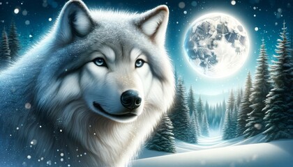 Wall Mural - A close-up of a wolf standing in a snowy forest with the full moon illuminating the scene.