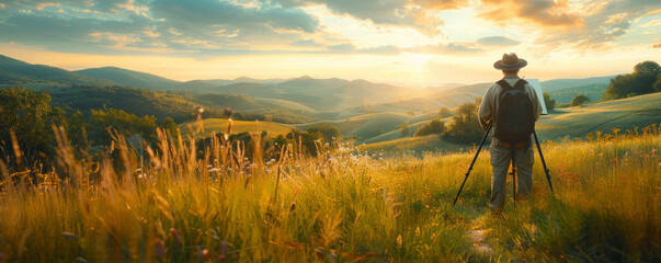 An artist painting en plein air in a tranquil countryside, capturing the beauty of rolling hills and serene landscapes.