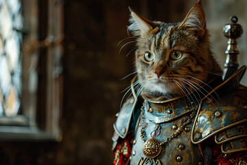 Wall Mural - a cat in a medieval royal castle wearing battle armor