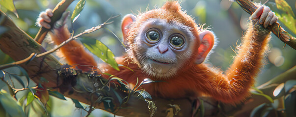 A mischievous monkey swinging from tree to tree, its eyes sparkling with curiosity.
