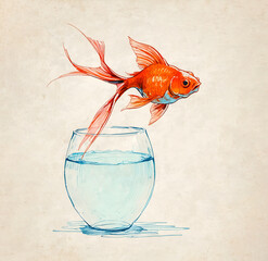 Wall Mural - Goldfish leaps out of the aquarium. Fish out of water
