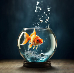Small goldfish in round glass aquarium on blue background
