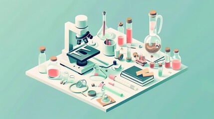 Wall Mural - Isometric illustration of a science lab with a microscope, beakers, and other equipment.