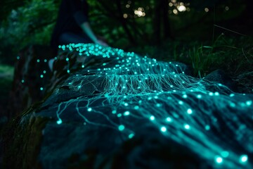 Intricate fibers with sparkling blue lights set against the natural rocky texture of a forest floor at dusk